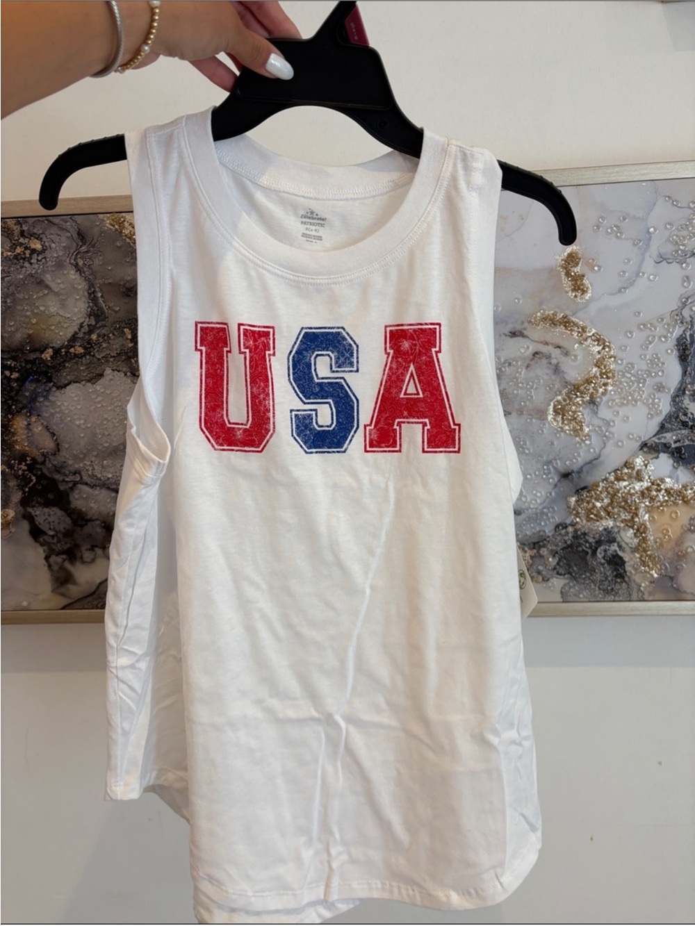 White Tank Top with USA Collegiate Lettering